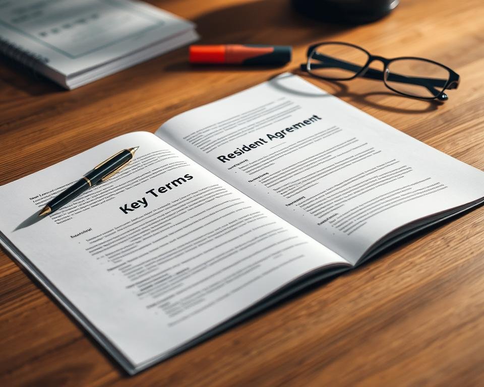 A formal, organized legal document lies open on a wooden table, its pages filled with tidy text. Surrounding it are various office supplies - a pen, a highlighter, a pair of reading glasses - casting soft shadows in the warm, muted lighting. The document's title, "Resident Agreement Key Terms", is clearly visible, inviting the viewer to dive into the details of this important contract. The overall atmosphere evokes a sense of professionalism, attention to detail, and the careful consideration of an important legal agreement.