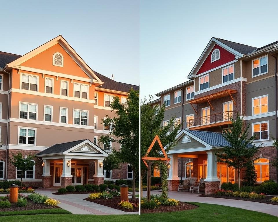 A high-quality, realistic comparison of two separate senior housing communities, showcasing the key differences between independent living and assisted living. Capture the exterior facades, architectural styles, and landscaping of each facility, highlighted by warm, soft lighting that creates a welcoming and serene atmosphere. Utilize a wide angle lens to provide a comprehensive view, with the independent living community on the left and the assisted living facility on the right. Emphasize the scale, amenities, and overall aesthetic to illustrate the distinct living experiences offered by each senior housing option.