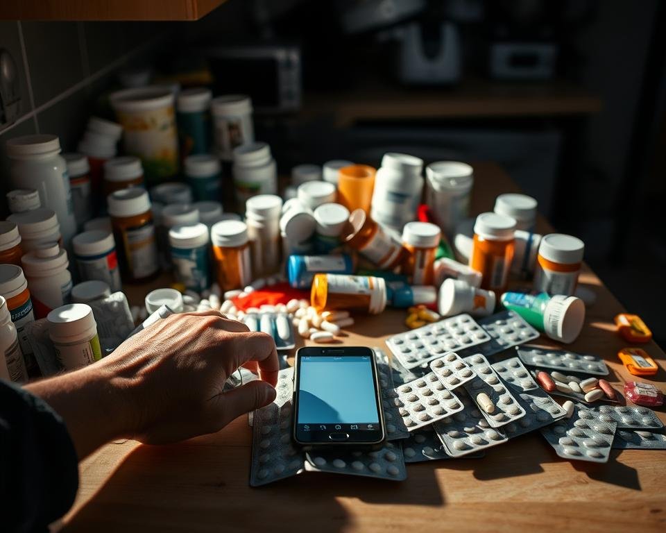 A kitchen counter cluttered with various pill bottles, blister packs, and medication organizers, casting long shadows under dramatic lighting. In the foreground, a frustrated person's hands sifting through the jumble, highlighting the challenge of managing multiple prescriptions. The middle ground features a smartphone or tablet displaying a medication schedule, hinting at the importance of organization and technology in navigating this complexity. The background blurs into a hazy, distressed atmosphere, conveying the stress and uncertainty that can accompany polypharmacy.