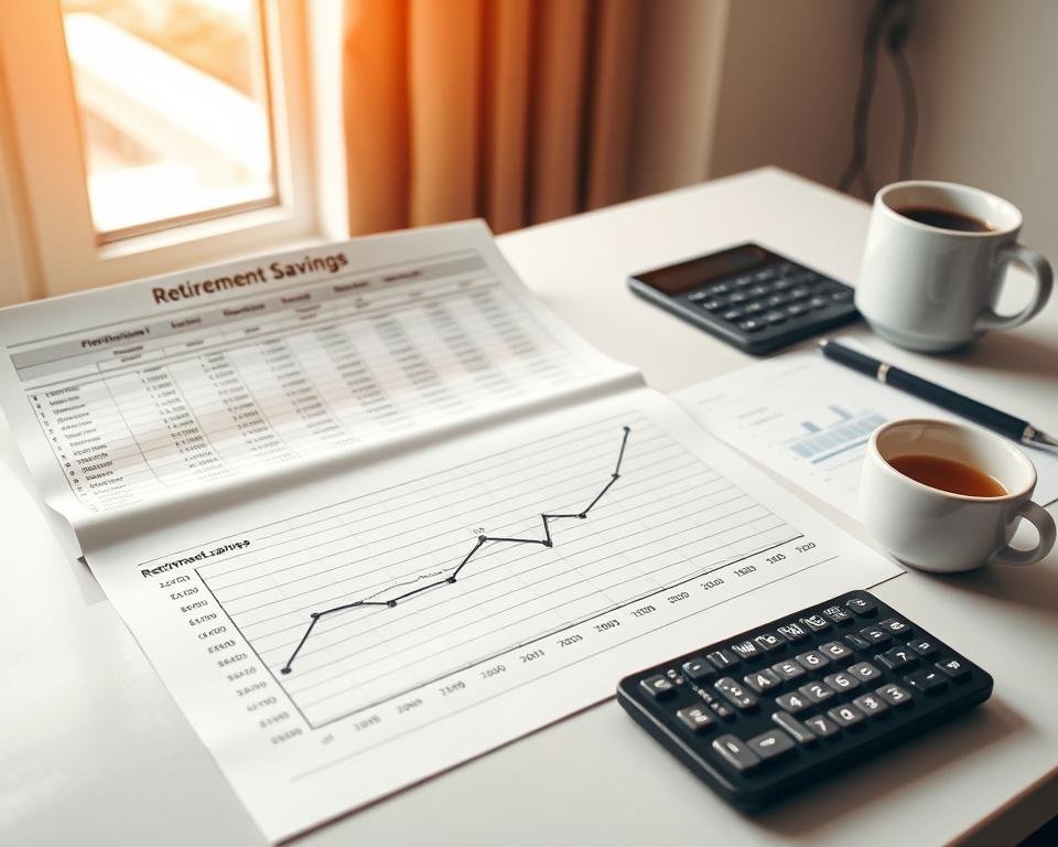 A meticulously crafted spreadsheet, its cells brimming with financial data, sits atop a sleek, minimalist desk. Warm, natural lighting filters through the window, casting a soft glow on the scene. In the foreground, a stylized graph tracks retirement savings over time, its lines and curves conveying a sense of progress and growth. Beside it, a calculator and a cup of coffee hint at the thoughtful, analytical process behind this financial planning exercise. The overall atmosphere exudes a sense of organization, diligence, and a careful consideration of one's financial future.