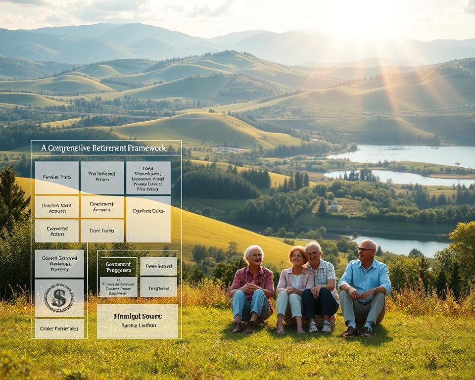 A meticulously rendered illustration of a comprehensive retirement benefits framework, depicted against the backdrop of a serene, sun-dappled landscape. In the foreground, a detailed schematic outlines the key components of the framework, including pension plans, investment accounts, and government-sponsored programs. The middle ground features a group of content, financially secure retirees engaged in leisurely activities, symbolizing the real-world application of the framework. The background showcases a picturesque vista with rolling hills, lush greenery, and a tranquil lake, evoking a sense of peaceful prosperity. The lighting is soft and natural, creating a warm, inviting atmosphere. The overall composition conveys the stability, security, and fulfillment that can be achieved through a well-designed retirement benefits framework.