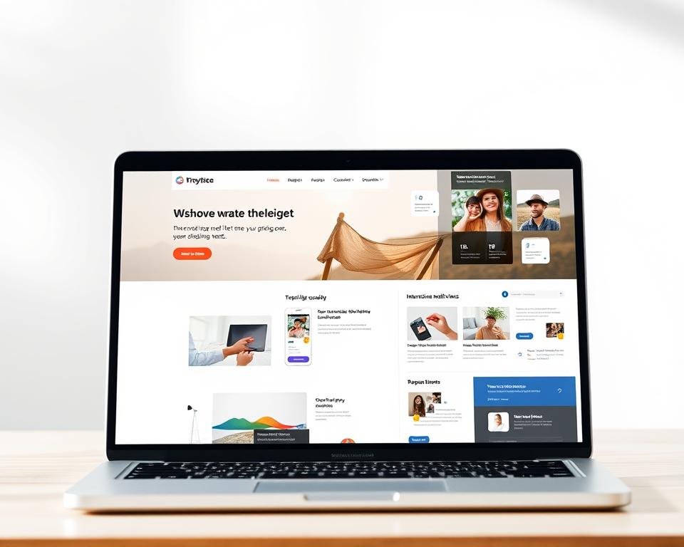 A minimalist and visually appealing website design guide, showcasing a clean and user-friendly layout. In the foreground, a laptop display presents a well-structured homepage with intuitive navigation, high-quality imagery, and clear call-to-action buttons. The middle ground features a variety of web design elements, such as responsive mobile views, interactive infographics, and a color palette that evokes a sense of professionalism and trust. The background depicts a serene, natural setting with soft lighting, hinting at the tranquility and ease of use that the guide aims to convey. The overall composition should inspire confidence in the viewer's ability to create an engaging and accessible online presence. A minimalist and visually appealing website design guide, showcasing a clean and user-friendly layout. In the foreground, a laptop display presents a well-structured homepage with intuitive navigation, high-quality imagery, and clear call-to-action buttons. The middle ground features a variety of web design elements, such as responsive mobile views, interactive infographics, and a color palette that evokes a sense of professionalism and trust. The background depicts a serene, natural setting with soft lighting, hinting at the tranquility and ease of use that the guide aims to convey. The overall composition should inspire confidence in the viewer's ability to create an engaging and accessible online presence.