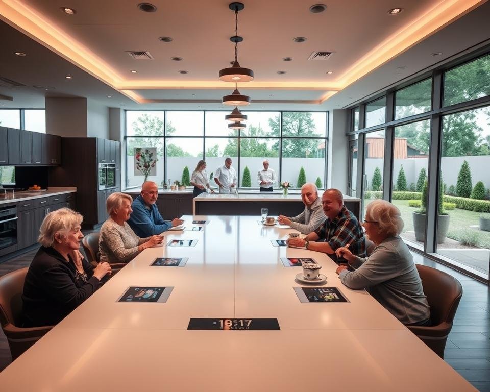 A modern, well-lit dining area in a senior living community, featuring a blend of traditional and high-tech elements. In the foreground, a group of seniors sit around a sleek, rectangular dining table, engaged in conversation and enjoying a meal. The table is equipped with discreet touchscreen interfaces, allowing residents to control lighting, temperature, and access digital menus and recipes. The middle ground showcases a minimalist, yet elegant kitchen, where chefs prepare fresh, locally-sourced meals. Ambient lighting, including recessed LEDs and pendant fixtures, creates a warm and inviting atmosphere. In the background, large windows offer panoramic views of a well-manicured outdoor garden, blending the indoor and outdoor spaces seamlessly. An atmosphere of comfort, community, and technological integration permeates the scene.