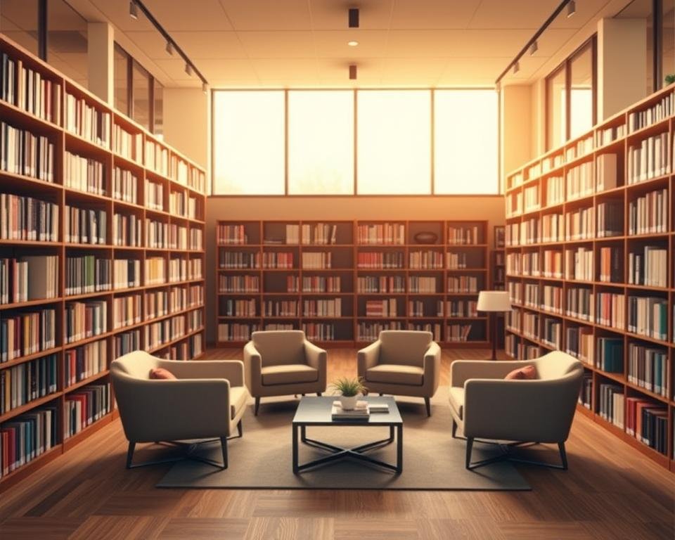 A modern, well-lit online course library, with rows of bookshelves lining the walls, filled with a diverse array of course materials. The shelves are organized by subject, with clear signage and intuitive navigation. In the center of the room, a cozy seating area with plush armchairs and a sleek coffee table, inviting learners to browse and explore the available courses. Warm, natural lighting filters in through large windows, creating a calming and inviting atmosphere. The room has a sense of professionalism and dedication to lifelong learning, perfectly suited for retirees looking to build their knowledge and skills.