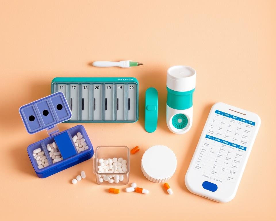 A neatly arranged collection of pill organizer tools, including a weekly pill dispenser, a pill crusher, a pill splitter, and a medication tracker, all set against a soft, neutral-toned background. The lighting is warm and diffused, creating a sense of organization and efficiency. The tools are positioned in a visually appealing manner, with a focus on their functional design and ease of use. The overall atmosphere conveys a sense of control and attention to detail in managing multiple prescriptions. A neatly arranged collection of pill organizer tools, including a weekly pill dispenser, a pill crusher, a pill splitter, and a medication tracker, all set against a soft, neutral-toned background. The lighting is warm and diffused, creating a sense of organization and efficiency. The tools are positioned in a visually appealing manner, with a focus on their functional design and ease of use. The overall atmosphere conveys a sense of control and attention to detail in managing multiple prescriptions.