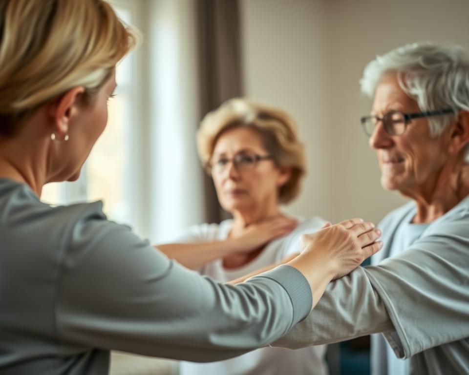 A physical therapist guiding an elderly patient through gentle exercises, their movements captured in a warm, soft-focus scene. In the foreground, the therapist's hands gently support the patient's limbs, demonstrating proper form. The middle ground features the patient, their face expressing calm focus as they follow the therapist's guidance. The background is blurred, creating a sense of intimacy and personalized attention. Muted natural lighting filters through a window, casting a subtle glow on the scene. The overall mood is one of care, comfort, and professional expertise facilitating the patient's wellbeing.