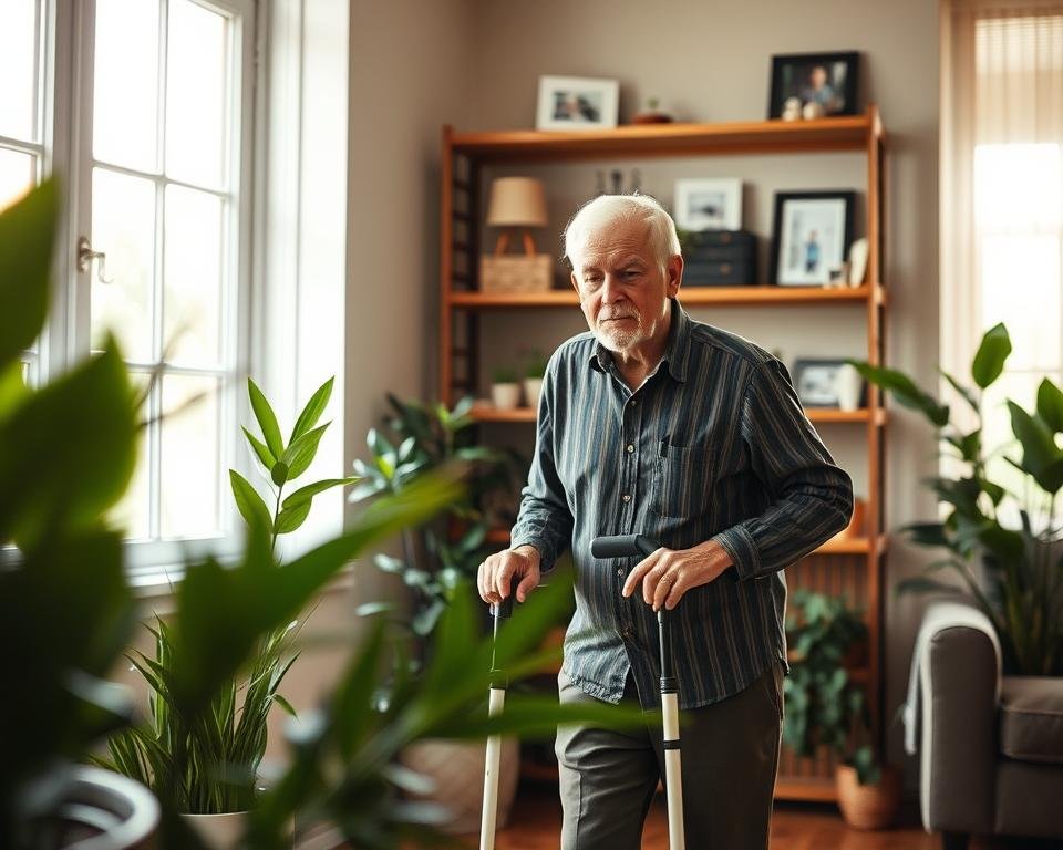A senior adult confidently navigating their daily life, surrounded by vibrant plants and natural light streaming through large windows. In the foreground, they are purposefully using a cane or walker, symbols of their independence. In the middle ground, shelves display personal mementos and photographs, reflecting their active and engaged lifestyle. The background features calming, earthy tones that convey a sense of tranquility and comfort. Soft, diffused lighting casts a warm glow, highlighting the senior's determination and sense of control over their environment. A senior adult confidently navigating their daily life, surrounded by vibrant plants and natural light streaming through large windows. In the foreground, they are purposefully using a cane or walker, symbols of their independence. In the middle ground, shelves display personal mementos and photographs, reflecting their active and engaged lifestyle. The background features calming, earthy tones that convey a sense of tranquility and comfort. Soft, diffused lighting casts a warm glow, highlighting the senior's determination and sense of control over their environment.