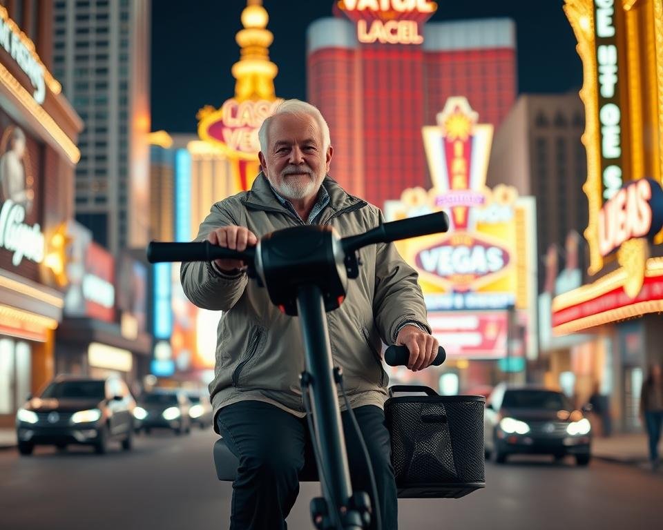 A senior citizen using a modern, sleek mobility scooter navigates the bustling streets of Las Vegas. The scooter is well-designed, with ergonomic handlebars and a sturdy, stable frame. The senior wears a comfortable, lightweight jacket and is surrounded by the iconic neon lights and towering hotels of the Las Vegas Strip, creating a vibrant, dynamic scene. The lighting is warm and inviting, with soft shadows and highlights accentuating the details of the scooter and the senior's expression. The angle is slightly elevated, providing a sense of the senior's independence and confidence as they confidently traverse the city.
