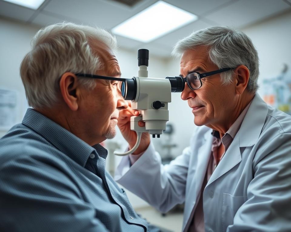 A senior patient sitting in an ophthalmologist's examination room, undergoing a comprehensive eye exam. The room is brightly lit with soft, diffused lighting from overhead fixtures, creating a calming atmosphere. The doctor, dressed in a white lab coat, is using a slit lamp to closely inspect the patient's eyes, their focused gaze conveying professionalism and care. The patient, wearing reading glasses, appears attentive and engaged, their expression reflecting a sense of trust and reassurance. In the background, medical equipment and charts suggest the clinical setting, while the composition emphasizes the interaction between the doctor and patient, highlighting the importance of regular eye checkups for maintaining vision health in older adults.