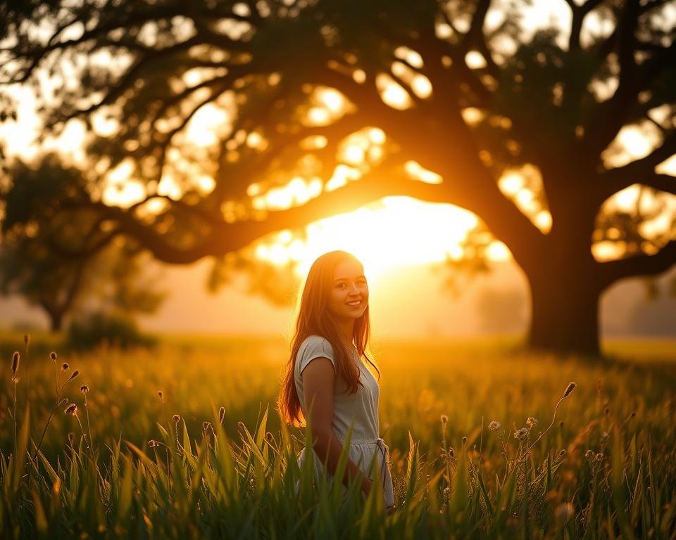 A serene and luminous senior portrait set against the golden glow of the setting sun. The subject stands in a peaceful meadow, their face illuminated by the warm, soft light filtering through the trees. The foreground features lush, verdant grasses and wildflowers swaying gently in the breeze. In the middle ground, the subject's silhouette is framed by the silhouetted branches of an ancient oak tree. The background showcases a dreamy, hazy horizon, infused with vibrant hues of orange, pink, and purple. The overall atmosphere evokes a sense of tranquility, nostalgia, and the fleeting beauty of the golden hour.