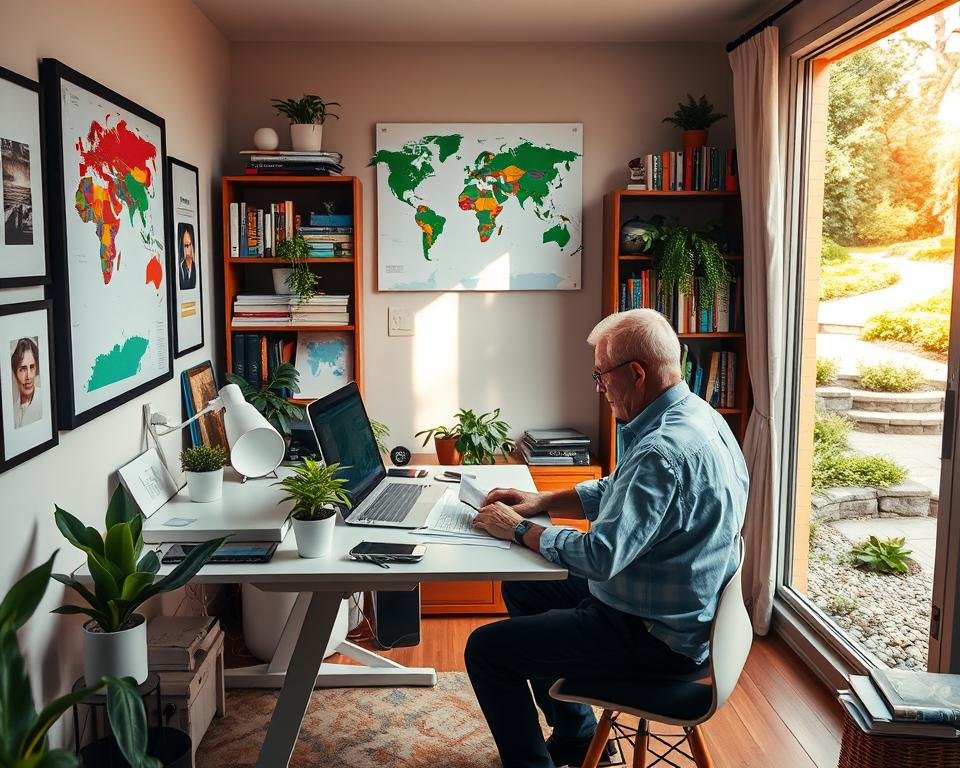 A serene home office with personalized decor and smart tech, bathed in warm, natural lighting. A retiree reviews financial documents at a sleek, minimalist desk, surrounded by potted plants, framed art, and a cozy reading nook. The walls display a vibrant world map, suggesting a life of global exploration. Bookshelves overflow with business strategy guides and self-help titles, hinting at an entrepreneurial mindset. Through the window, a lush garden and meandering path beckon, blending work and leisure. This balanced, harmonious space reflects a retirement filled with fulfillment, productivity, and a customized path to passive income. A serene home office with personalized decor and smart tech, bathed in warm, natural lighting. A retiree reviews financial documents at a sleek, minimalist desk, surrounded by potted plants, framed art, and a cozy reading nook. The walls display a vibrant world map, suggesting a life of global exploration. Bookshelves overflow with business strategy guides and self-help titles, hinting at an entrepreneurial mindset. Through the window, a lush garden and meandering path beckon, blending work and leisure. This balanced, harmonious space reflects a retirement filled with fulfillment, productivity, and a customized path to passive income.