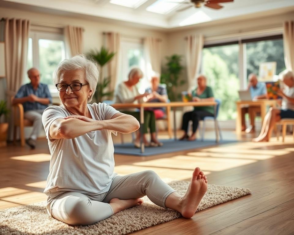 A serene, sun-dappled scene of an elderly person engaging in various activities that promote social, physical, and mental well-being. In the foreground, an older adult performs gentle stretches on a plush yoga mat, their face radiating a sense of calm focus. In the middle ground, a group of seniors enthusiastically plays a board game, their expressions animated and social. In the background, an art class is underway, with participants immersed in creative expression, stimulating their minds. The lighting is soft and warm, creating a welcoming, inviting atmosphere that conveys the benefits of an active, engaged lifestyle in an independent living community.