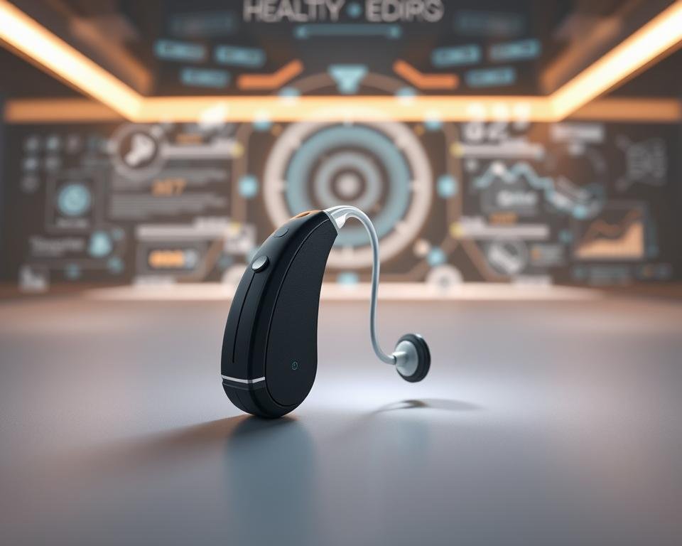 A sleek, modern hearing aid device with advanced microchips and antennas, resting on a clean, minimalist surface. The device is illuminated by soft, diffused lighting, casting subtle shadows that highlight its intricate design. In the background, a futuristic array of holographic displays and digital interfaces showcase the latest advancements in hearing aid technology, conveying a sense of innovation and progress. The overall mood is one of sophistication, precision, and the seamless integration of technology with human health and well-being.