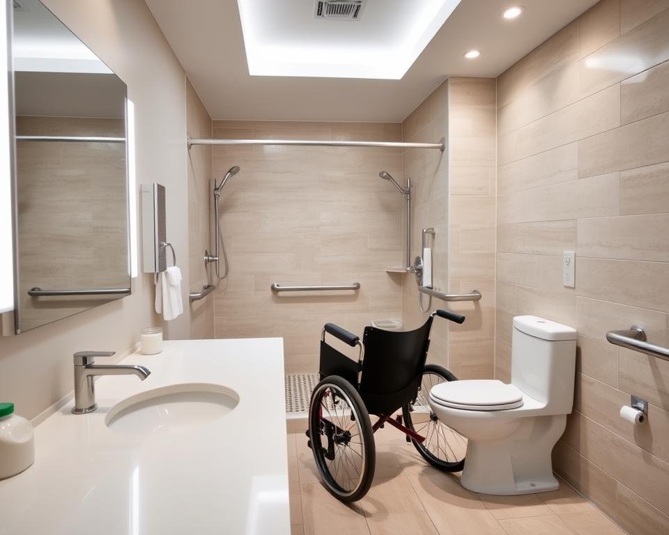 A spacious, well-lit bathroom with a modern, accessible design. In the foreground, a wide, wheelchair-friendly vanity with a large, adjustable mirror. A roll-in shower with a built-in bench and handheld showerhead. In the middle ground, a comfort-height toilet with grab bars on both sides. The background features bright, indirect lighting and neutral-toned tiles that create a calming, spa-like atmosphere. The overall layout prioritizes mobility, safety, and ease of use, showcasing universal design principles that cater to the needs of aging seniors.