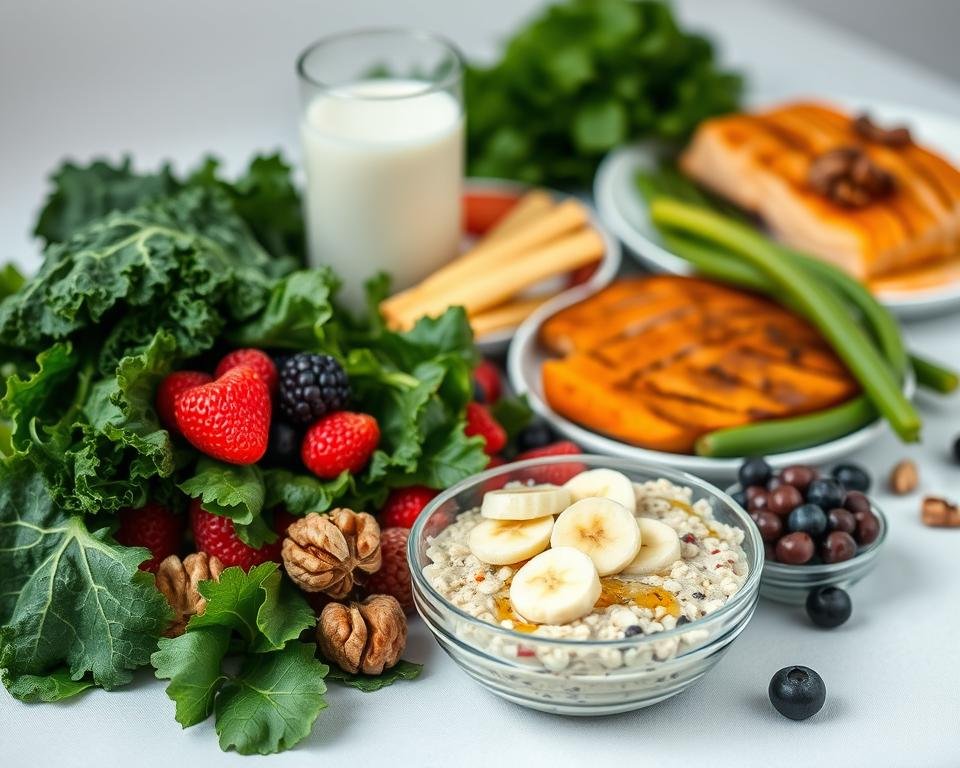 A still life arrangement of nutrient-dense foods for older adults, captured in soft, natural lighting. In the foreground, an assortment of leafy greens, such as kale and spinach, alongside a selection of brightly colored berries and a handful of walnuts. In the middle ground, a steaming bowl of oatmeal garnished with sliced bananas and a drizzle of honey. In the background, a glass of milk and a plate of grilled salmon, accompanied by roasted sweet potatoes. The composition emphasizes the vibrant colors, varied textures, and balanced nutritional profile of these wholesome, age-appropriate ingredients.