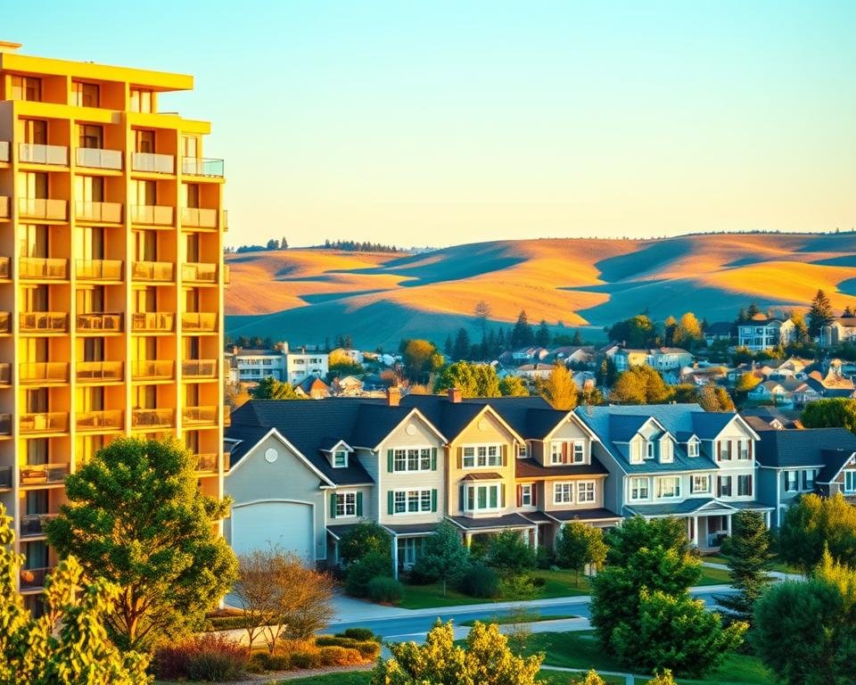 A stunning real estate investment tableau showcasing a diverse array of options. In the foreground, a grand, modern apartment building with clean lines and expansive windows, bathed in warm, golden lighting. In the middle ground, a row of well-maintained townhomes, their facades adorned with lush greenery. In the background, rolling hills dotted with charming single-family homes, their roofs glistening under a vibrant, azure sky. The scene exudes a sense of prosperity, security, and the potential for a comfortable, fulfilling lifestyle. Captured through a wide-angle lens, the composition invites the viewer to explore the myriad real estate investment opportunities available, each with its unique charm and promise of a rewarding return.