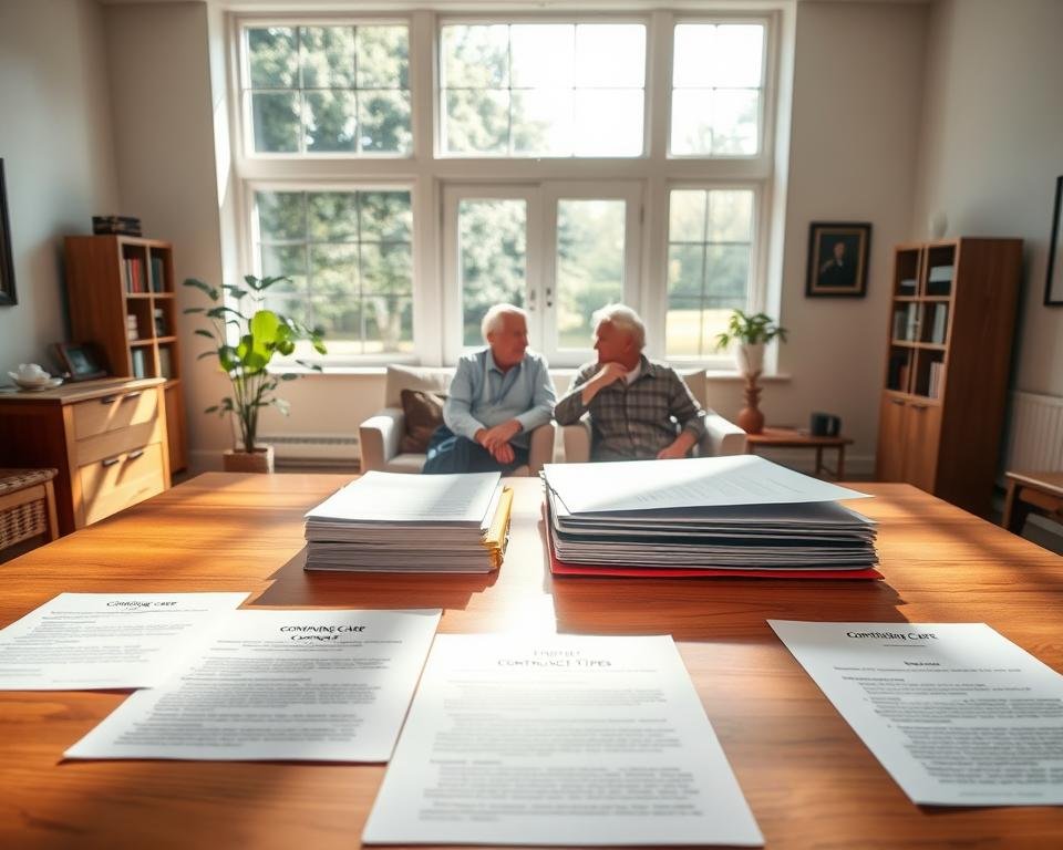 A sunlit office interior, with a large wooden desk in the foreground. On the desk, various documents and folders depicting "continuing care contract types" are neatly arranged. In the middle ground, two elderly individuals are seated across the desk, engaged in a thoughtful discussion. The background features floor-to-ceiling windows, allowing natural light to flood the space and create a warm, inviting atmosphere. The scene conveys a sense of professionalism, with subtle details such as a potted plant, a bookshelf, and framed artwork adding to the refined ambiance. The overall composition emphasizes the importance of understanding the nuances of continuing care retirement community contracts.