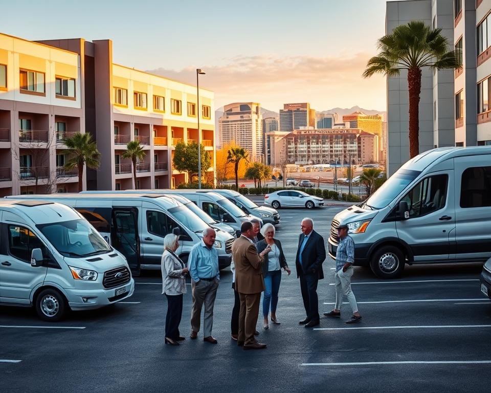 A thriving senior care community in the heart of Las Vegas, with modern facilities and dedicated staff providing tailored transportation services for independent living residents. The scene depicts a well-maintained parking lot, with several electric shuttles and vans waiting to transport seniors to nearby amenities. The building's sleek, contemporary architecture is bathed in warm, golden sunlight, creating a welcoming atmosphere. In the foreground, a group of seniors, dressed neatly, converse with a friendly staff member, ensuring a seamless and comfortable travel experience. The background showcases the vibrant cityscape of Las Vegas, a testament to the integration of this senior care facility within the local urban landscape. A thriving senior care community in the heart of Las Vegas, with modern facilities and dedicated staff providing tailored transportation services for independent living residents. The scene depicts a well-maintained parking lot, with several electric shuttles and vans waiting to transport seniors to nearby amenities. The building's sleek, contemporary architecture is bathed in warm, golden sunlight, creating a welcoming atmosphere. In the foreground, a group of seniors, dressed neatly, converse with a friendly staff member, ensuring a seamless and comfortable travel experience. The background showcases the vibrant cityscape of Las Vegas, a testament to the integration of this senior care facility within the local urban landscape.