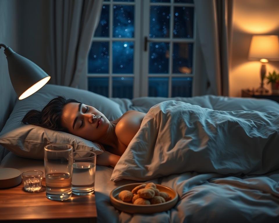 A tranquil bedroom scene, dimly lit by a bedside lamp. In the foreground, a serene figure sleeps peacefully, their face relaxed and immune system recharging. Nearby, a glass of water and a small plate of immune-boosting snacks sit on a wooden nightstand. The middle ground features plush bedding in soothing shades, creating a cozy, restful atmosphere. In the background, a window frames a starry night sky, symbolizing the restorative power of sleep. The lighting is soft and warm, evoking a sense of comfort and healing. The overall composition conveys the essential role of sleep in maintaining a robust, healthy immune system. A tranquil bedroom scene, dimly lit by a bedside lamp. In the foreground, a serene figure sleeps peacefully, their face relaxed and immune system recharging. Nearby, a glass of water and a small plate of immune-boosting snacks sit on a wooden nightstand. The middle ground features plush bedding in soothing shades, creating a cozy, restful atmosphere. In the background, a window frames a starry night sky, symbolizing the restorative power of sleep. The lighting is soft and warm, evoking a sense of comfort and healing. The overall composition conveys the essential role of sleep in maintaining a robust, healthy immune system.