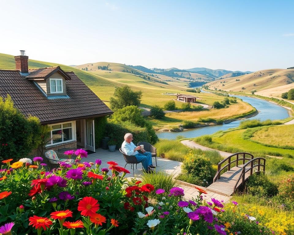 A tranquil countryside scene, with a cozy cottage nestled among rolling hills and lush greenery. In the foreground, a well-tended garden overflows with vibrant flowers, symbolizing the flourishing retirement life. The middle ground features a sun-dappled patio, where an elderly couple sits contentedly, sipping coffee and enjoying the peaceful surroundings. In the background, a gently winding river reflects the azure sky, with a small wooden bridge inviting exploration. Warm, soft lighting bathes the scene, creating a sense of comfort and security. The overall atmosphere conveys a feeling of financial stability and the fulfillment that comes from investing in property during retirement.