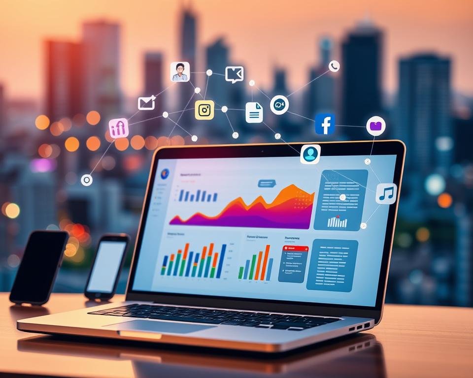 A vibrant and dynamic scene depicting affiliate marketing strategies. In the foreground, a laptop screen displays a dashboard with colorful graphs and charts, representing the data-driven nature of successful affiliate campaigns. Overlaid are icons and symbols symbolizing various affiliate marketing tactics such as referral links, promotional banners, and social media influencer partnerships. In the middle ground, a network of interconnected devices - smartphones, tablets, and laptops - illustrate the multichannel approach of modern affiliate marketing, reaching audiences across diverse platforms. The background features a blurred cityscape, conveying the global, internet-driven landscape in which affiliate marketing thrives. The lighting is a balance of warm, ambient tones and cool, digital highlights, evoking a sense of professionalism and technological prowess. The overall composition and color palette suggest a visually captivating, yet practical depiction of effective affiliate marketing strategies.