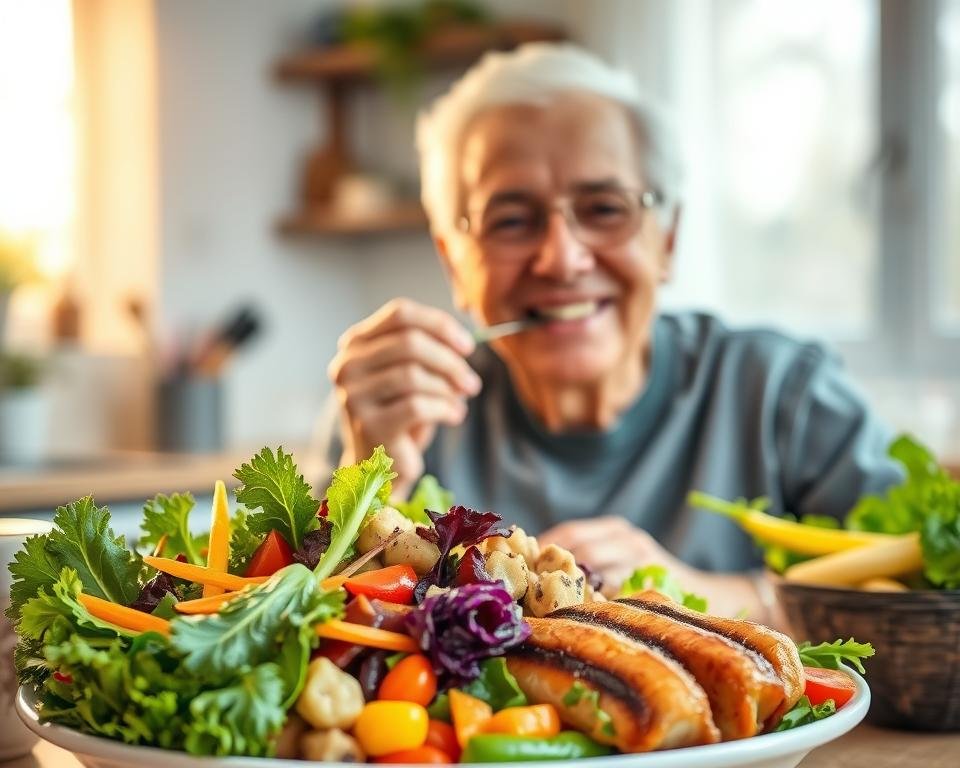 A vibrant and inviting scene of a mature adult enjoying a nutritious meal. In the foreground, a plate filled with a variety of colorful, fresh ingredients - leafy greens, vibrant vegetables, and lean protein. Warm, soft lighting illuminates the scene, casting a natural glow. In the middle ground, the older adult, radiating health and vitality, savors each bite with a content expression. The background depicts a cozy, comfortable setting, perhaps a kitchen or dining room, with subtle hints of the benefits of healthy eating, such as increased energy, improved cognitive function, and stronger immune system. The overall atmosphere conveys the importance of proper nutrition for the well-being of older adults.