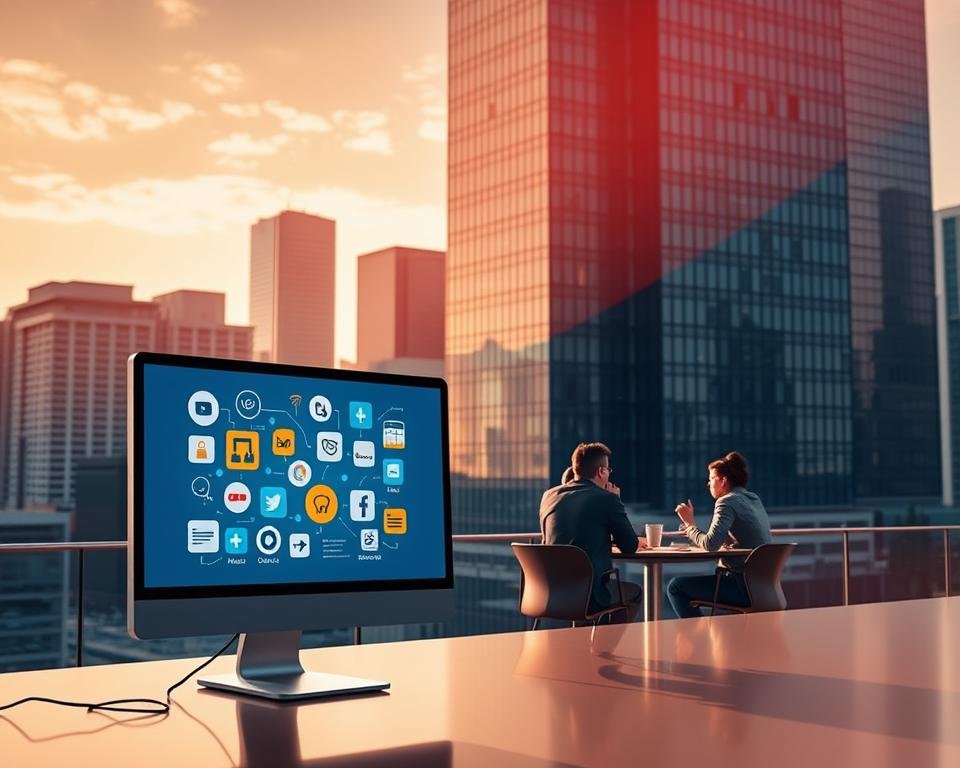 A vibrant cityscape with a focus on digital marketing strategies. In the foreground, a large computer screen displays various icons and graphics representing online presence building tools such as social media platforms, SEO optimization, and content creation. In the middle ground, a diverse group of people collaborate around a table, discussing and planning their digital marketing campaign. The background features a modern, glass-and-steel office building, bathed in warm, directional lighting that casts dramatic shadows, conveying a sense of productivity and innovation. The overall mood is one of focused energy, with a touch of minimalist elegance befitting the subject matter. A vibrant cityscape with a focus on digital marketing strategies. In the foreground, a large computer screen displays various icons and graphics representing online presence building tools such as social media platforms, SEO optimization, and content creation. In the middle ground, a diverse group of people collaborate around a table, discussing and planning their digital marketing campaign. The background features a modern, glass-and-steel office building, bathed in warm, directional lighting that casts dramatic shadows, conveying a sense of productivity and innovation. The overall mood is one of focused energy, with a touch of minimalist elegance befitting the subject matter.