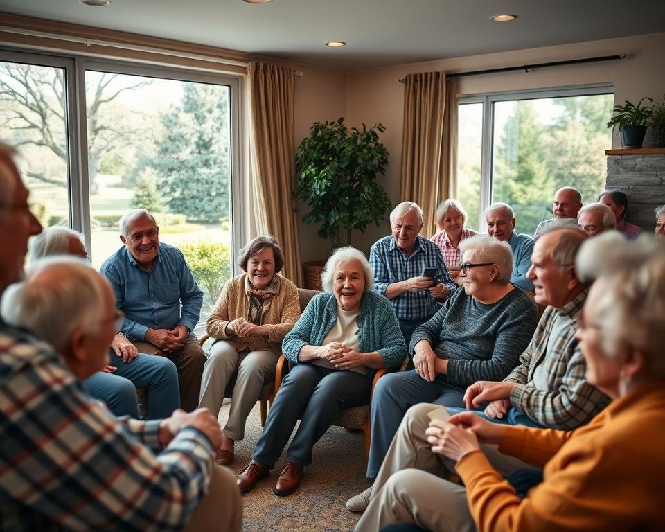 A vibrant community of active seniors engaged in various group activities, captured with a cinematic wide-angle lens. In the foreground, a group of elders gathered around a cozy fireplace, laughing and sharing stories. In the middle ground, others are playing a lively game of cards, their faces lit by warm, soft lighting. In the background, a scenic window offers a glimpse of a peaceful outdoor setting, with mature trees and a tranquil garden. The overall atmosphere exudes a sense of connection, liveliness, and a celebration of the joys of independent living in a supportive community.