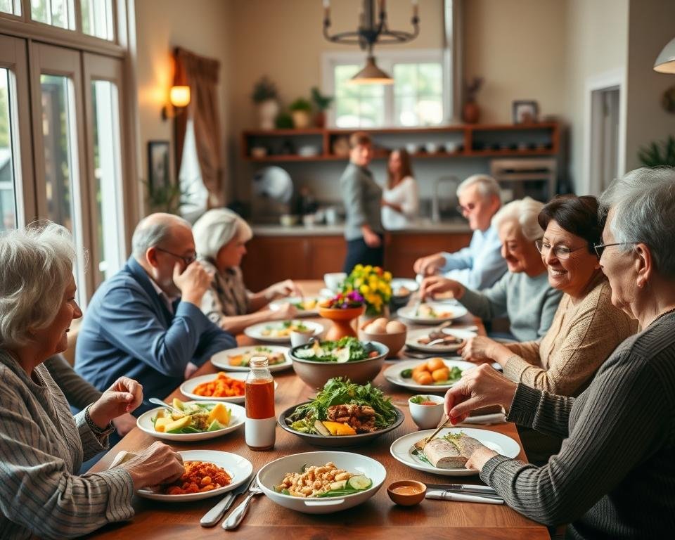A vibrant, global dining experience in a cozy, senior living community. In the foreground, a diverse group of elderly residents sharing a meal at a long, wooden table, enjoying each other's company and savoring an array of international cuisines. In the middle ground, the kitchen staff bustles about, preparing dishes with care and attention, showcasing the rich cultural influences that shape the menu. The background reveals a warm, inviting space with large windows, allowing natural light to flood the room and highlighting the elegant, yet comfortable decor that reflects the residents' diverse backgrounds. Soft, ambient lighting and the gentle hum of conversation create a welcoming, multigenerational atmosphere.