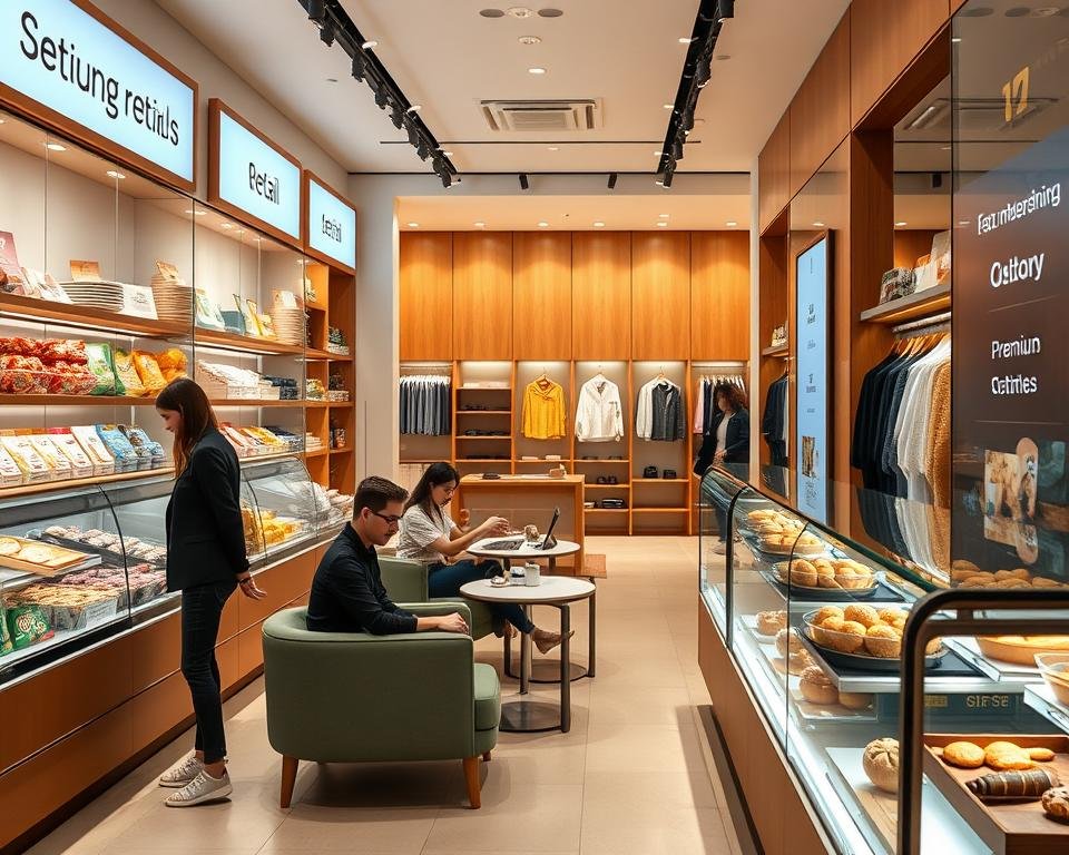 A vibrant, modern storefront showcasing a variety of online retail and food products. In the foreground, sleek display cases highlight neatly arranged items such as artisanal snacks, freshly baked goods, and premium clothing. The middle ground features a stylish seating area where customers can relax and interact with digital interfaces, exploring membership options and customizing their orders. The background reveals a minimalist, well-lit interior with warm wood tones and clean lines, creating an inviting and innovative atmosphere. The lighting is soft and diffused, emphasizing the high-quality merchandise and creating an atmosphere of sophistication and convenience.