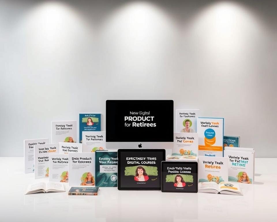 A visually striking digital product showcase set against a sleek, minimalist backdrop. In the foreground, an array of expertly crafted digital products such as ebooks, online courses, and software applications, each presented with a clean, modern design. The middle ground features a neutral color palette, with subtle lighting accentuating the products' key features. In the background, a seamless gradient or geometric pattern creates a sense of depth and sophistication. The overall composition conveys a professional, high-quality aesthetic that aligns with the article's focus on selling digital products for retirees.