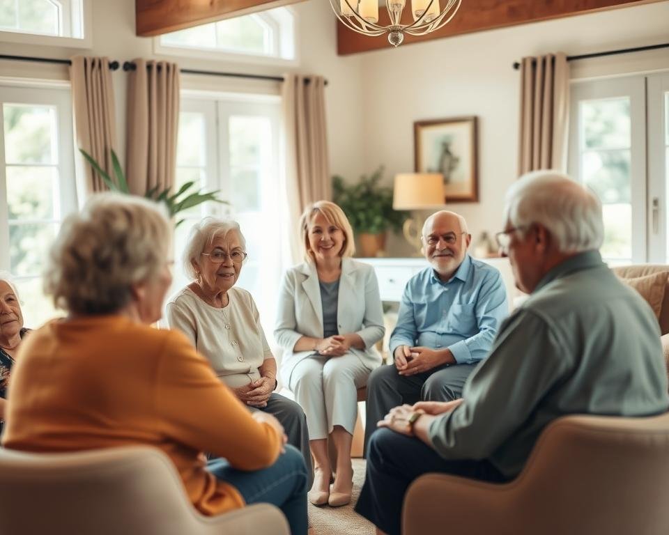 A warm and inviting scene of seniors engaged in a group therapy session, set in a cozy and well-lit mental health support center. In the foreground, several elderly individuals sit in a circle, their faces expressive and engaged as they discuss their experiences and support one another. Soft, natural lighting filters in through large windows, casting a gentle glow on the scene. In the middle ground, a caring therapist facilitates the discussion, their demeanor calm and attentive. The background features tasteful decor and furnishings that create a sense of comfort and safety, conveying the atmosphere of a welcoming and nurturing environment dedicated to enhancing the quality of life for independent living seniors.