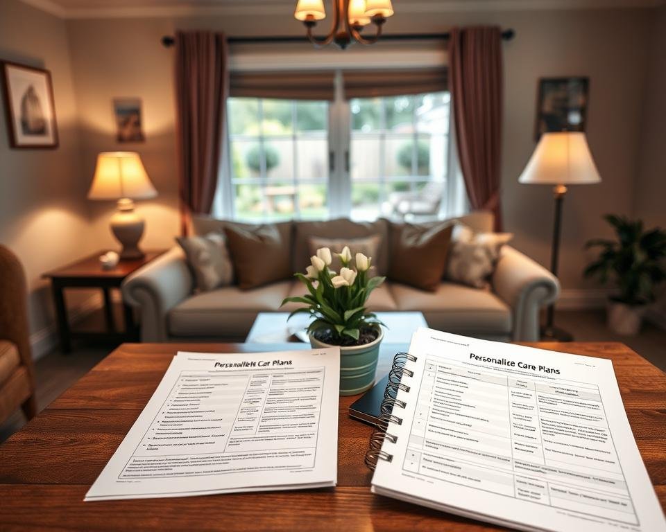 A warm and inviting senior care home, with a cozy living room showcasing personalized care plans displayed on a wooden table. The plans are neatly organized, with detailed notes and customized schedules. Soft lighting from floor lamps casts a comforting glow, and a potted plant adds a touch of greenery. In the background, a window overlooking a well-maintained garden provides a tranquil view. The overall atmosphere conveys a sense of security, comfort, and personalized attention to the needs of the senior residents.