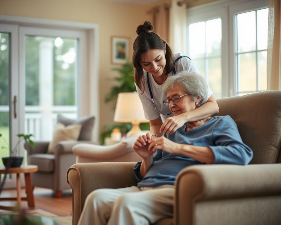 A warm, inviting living room with soft lighting and cozy furnishings. In the foreground, an elderly person sitting comfortably in a recliner, being assisted by a caring in-home caregiver. The caregiver is gently helping the senior with a daily task, such as medication management or light housekeeping. In the background, a window overlooking a peaceful outdoor scene, conveying a sense of serenity and security. The overall atmosphere is one of comfort, support, and dignity, reflecting the importance of in-home care for maintaining the daily routines and independence of older adults. A warm, inviting living room with soft lighting and cozy furnishings. In the foreground, an elderly person sitting comfortably in a recliner, being assisted by a caring in-home caregiver. The caregiver is gently helping the senior with a daily task, such as medication management or light housekeeping. In the background, a window overlooking a peaceful outdoor scene, conveying a sense of serenity and security. The overall atmosphere is one of comfort, support, and dignity, reflecting the importance of in-home care for maintaining the daily routines and independence of older adults.
