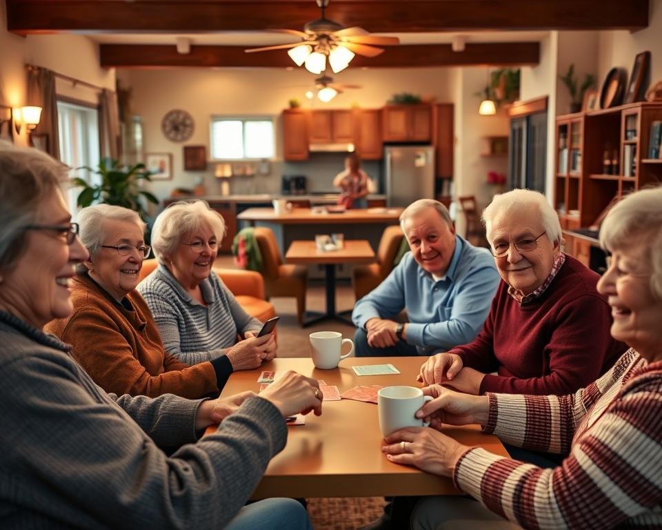 A warm, inviting senior community center with a cozy, welcoming atmosphere. In the foreground, a group of older adults engaged in a lively game of cards, their faces alight with joy and camaraderie. The middle ground showcases a comfortable lounge area with plush armchairs and soft lighting, where residents chat and sip coffee. In the background, a well-equipped kitchen bustles with activity as residents prepare a shared meal. The scene is bathed in a soft, golden glow, conveying a sense of security, belonging, and the benefits of home sharing for older adults. A warm, inviting senior community center with a cozy, welcoming atmosphere. In the foreground, a group of older adults engaged in a lively game of cards, their faces alight with joy and camaraderie. The middle ground showcases a comfortable lounge area with plush armchairs and soft lighting, where residents chat and sip coffee. In the background, a well-equipped kitchen bustles with activity as residents prepare a shared meal. The scene is bathed in a soft, golden glow, conveying a sense of security, belonging, and the benefits of home sharing for older adults.