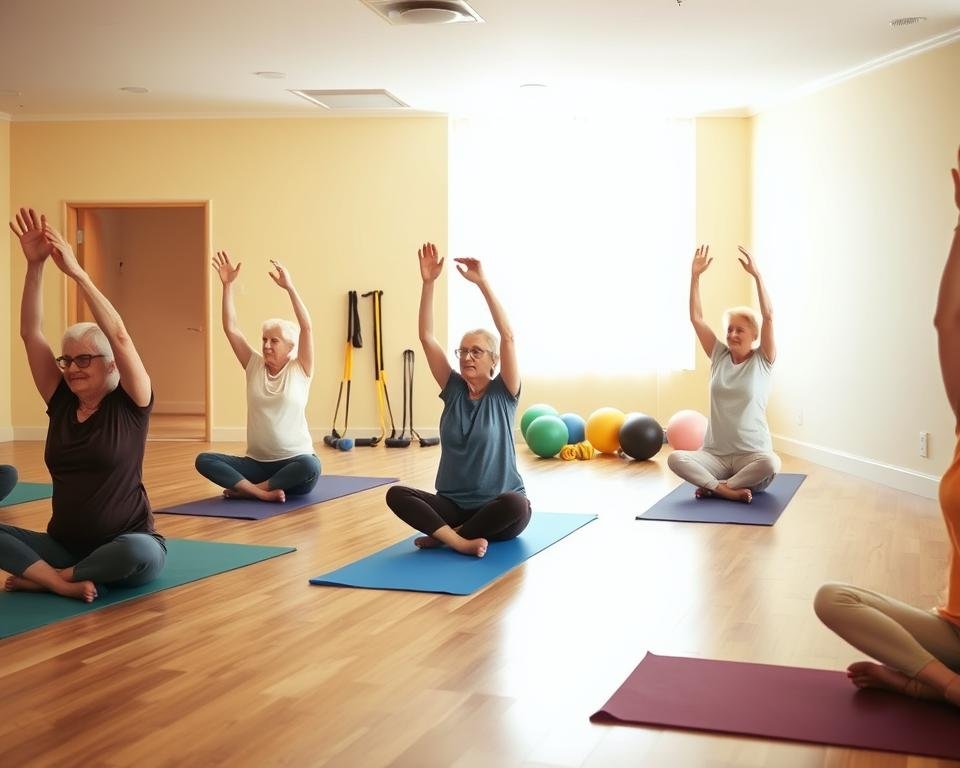 A warm-lit studio with a hardwood floor and soft, neutral-toned walls. In the foreground, a group of seniors seated on exercise mats, engaged in gentle balance exercises - reaching arms overhead, lifting one leg at a time, shifting weight from side to side. Their movements are controlled and focused, expressions serene. Behind them, in the middle ground, a collection of lightweight resistance bands, exercise balls, and other balance-building props. The overall mood is one of tranquility and mindfulness, encouraging viewers to consider the importance of balance and stability for healthy aging.