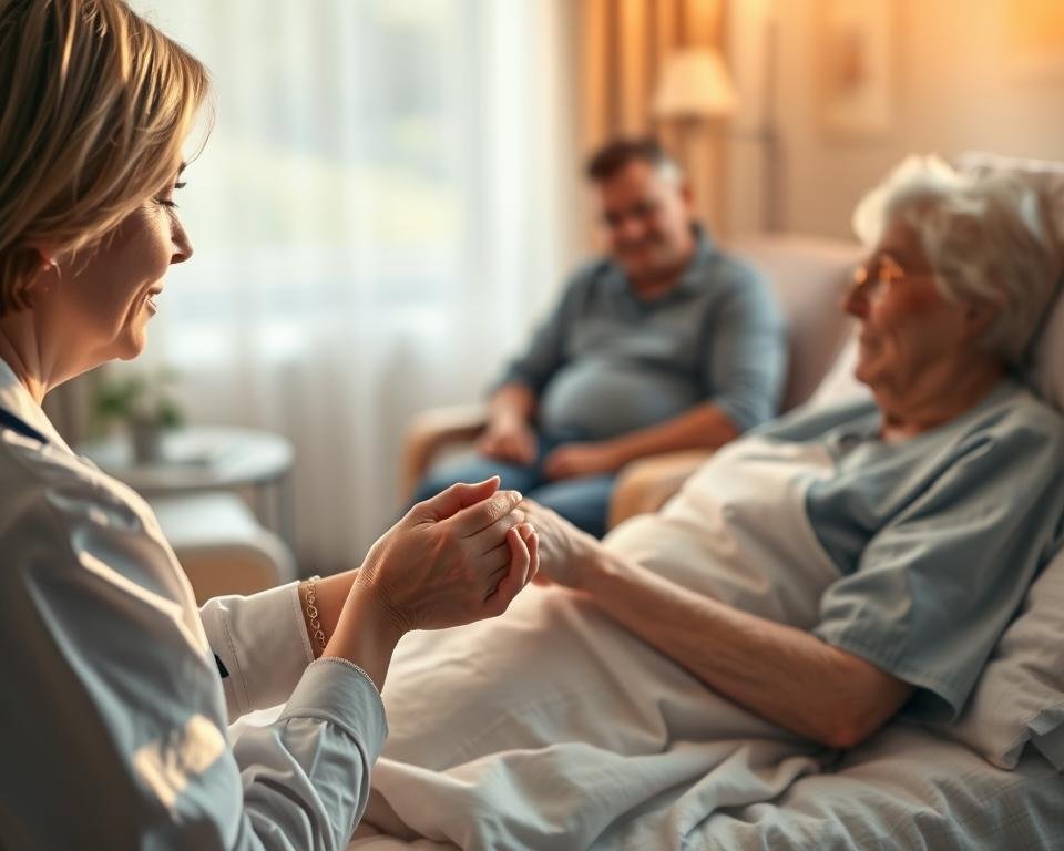 A warm, peaceful scene of palliative care. In the foreground, a caring nurse gently holds the hand of an elderly patient resting peacefully in a comfortable hospital bed. Soft natural light filters through the window, casting a serene glow. In the middle ground, a family member sits nearby, offering a reassuring presence. The background is softly blurred, conveying a sense of quiet contemplation. The atmosphere is one of compassion, dignity, and the acceptance of life's natural transition. Detailed, photorealistic, cinematic lighting. A warm, peaceful scene of palliative care. In the foreground, a caring nurse gently holds the hand of an elderly patient resting peacefully in a comfortable hospital bed. Soft natural light filters through the window, casting a serene glow. In the middle ground, a family member sits nearby, offering a reassuring presence. The background is softly blurred, conveying a sense of quiet contemplation. The atmosphere is one of compassion, dignity, and the acceptance of life's natural transition. Detailed, photorealistic, cinematic lighting.