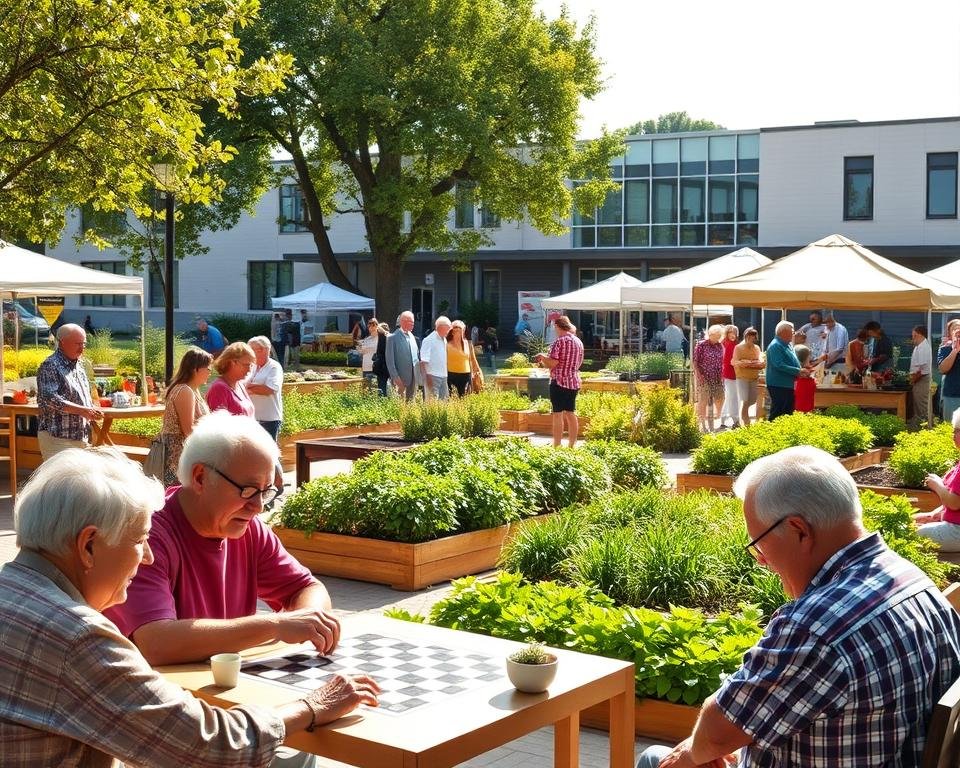 A warm, sun-dappled community square bustling with activity. In the foreground, a group of retirees engaged in a friendly game of chess, their faces alight with concentration and camaraderie. Beyond them, a vibrant farmers' market showcases an abundance of local produce, with residents browsing the stalls and conversing animatedly. In the middle ground, a community garden bursts with thriving plants, tended to by a diverse group of neighbors. In the background, a modern community center stands, its clean lines and large windows suggesting a hub of activity and social interaction. The atmosphere is one of togetherness, shared purpose, and a sense of belonging, embodying the essence of a community-oriented lifestyle. A warm, sun-dappled community square bustling with activity. In the foreground, a group of retirees engaged in a friendly game of chess, their faces alight with concentration and camaraderie. Beyond them, a vibrant farmers' market showcases an abundance of local produce, with residents browsing the stalls and conversing animatedly. In the middle ground, a community garden bursts with thriving plants, tended to by a diverse group of neighbors. In the background, a modern community center stands, its clean lines and large windows suggesting a hub of activity and social interaction. The atmosphere is one of togetherness, shared purpose, and a sense of belonging, embodying the essence of a community-oriented lifestyle.