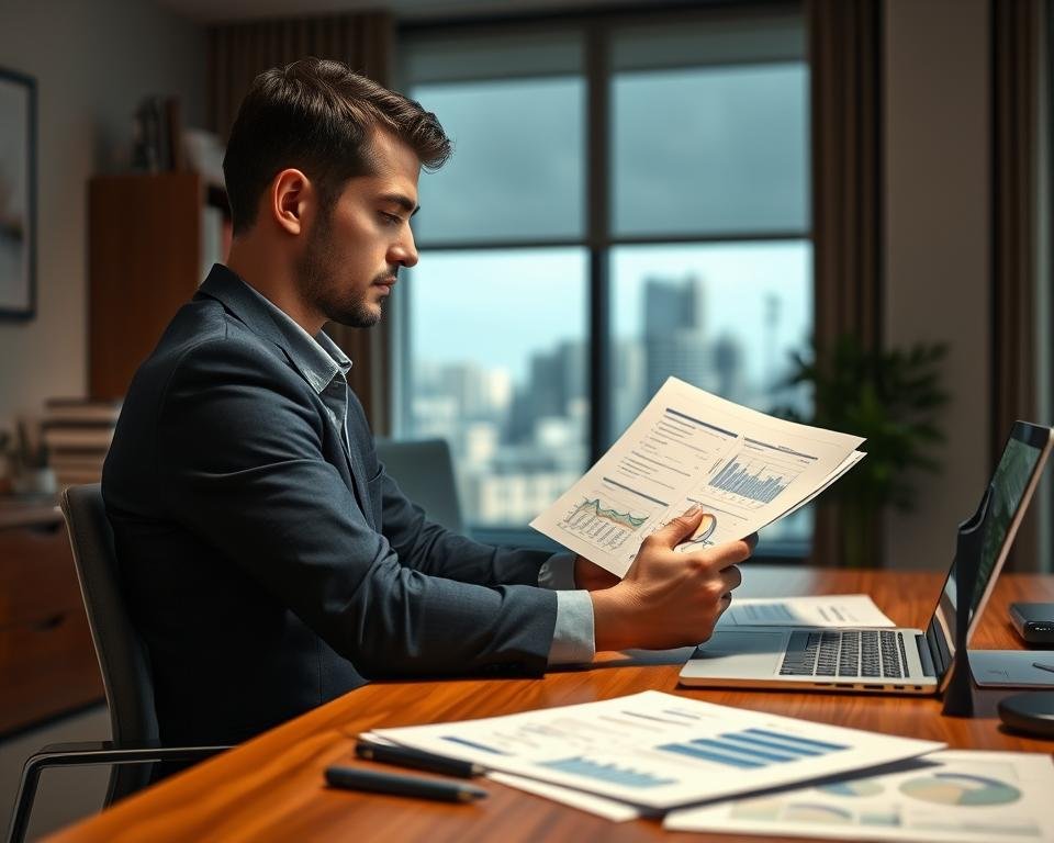 A warm, well-lit office setting with a wooden desk, a laptop, and various business documents and folders. In the foreground, a person sits at the desk, intently analyzing financial reports and charts. The background features a bookshelf, a large window overlooking a cityscape, and subtle hints of office decor that convey a professional, analytical atmosphere. The lighting is soft and directional, creating depth and highlighting the subject's focused expression. The overall scene evokes a sense of careful evaluation and strategic decision-making for a new business venture. A warm, well-lit office setting with a wooden desk, a laptop, and various business documents and folders. In the foreground, a person sits at the desk, intently analyzing financial reports and charts. The background features a bookshelf, a large window overlooking a cityscape, and subtle hints of office decor that convey a professional, analytical atmosphere. The lighting is soft and directional, creating depth and highlighting the subject's focused expression. The overall scene evokes a sense of careful evaluation and strategic decision-making for a new business venture.