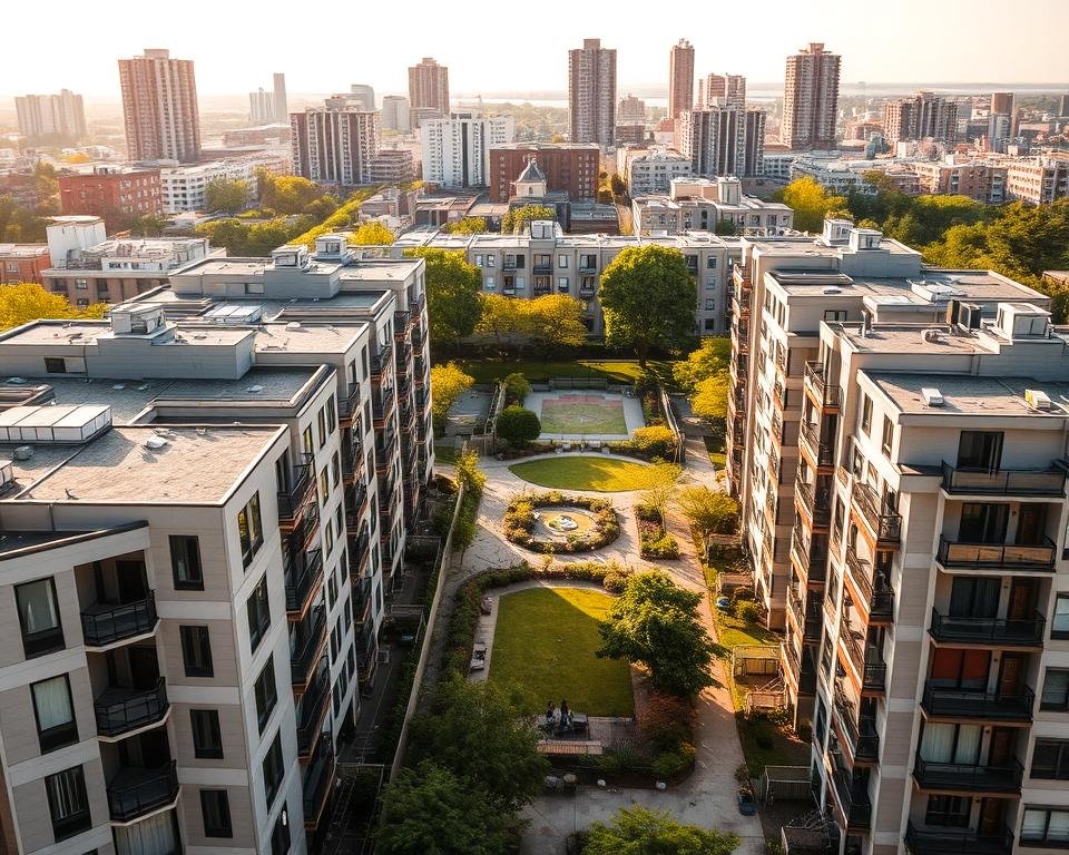 A well-designed government housing complex nestled in a thriving urban neighborhood. The foreground showcases modern, energy-efficient apartments with clean lines and ample windows, reflecting the program's commitment to sustainable and accessible living. In the middle ground, communal green spaces invite residents to gather, socialize, and enjoy the outdoors. The background features a mix of high-rise and mid-rise buildings, creating a harmonious skyline. Warm, diffused lighting casts a welcoming glow, while the composition emphasizes the program's goals of providing comfortable, affordable homes that foster a sense of community.