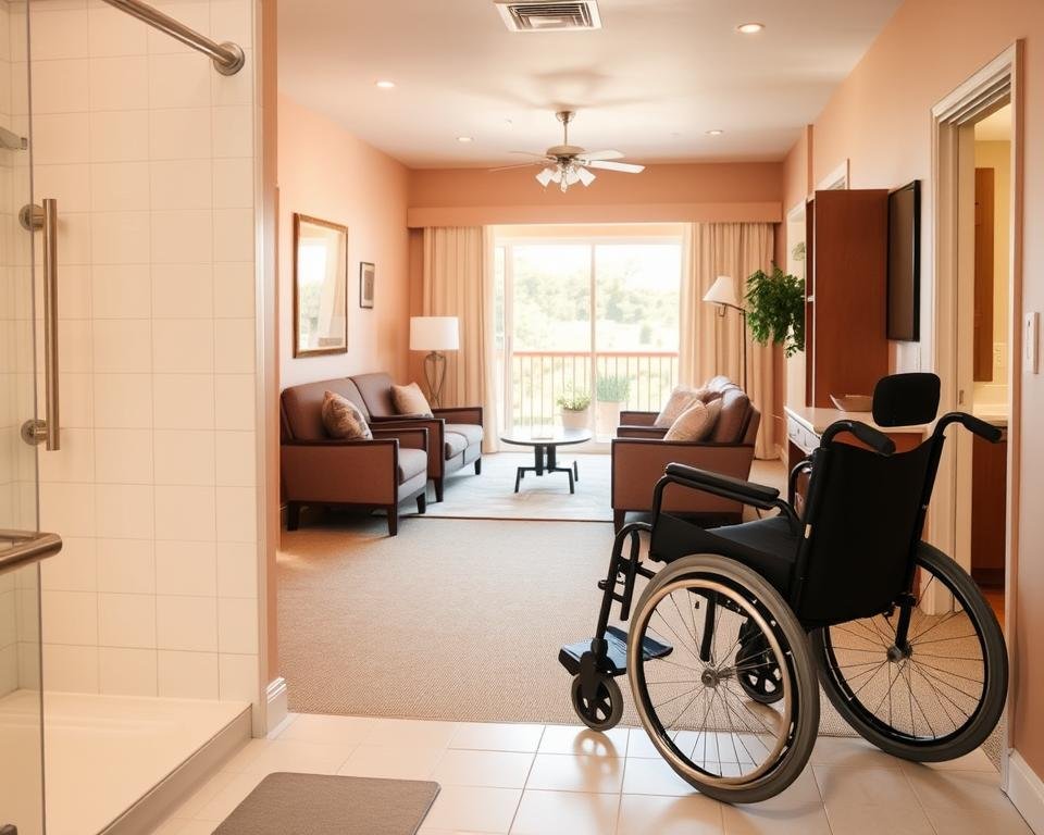 A well-lit, airy space showcasing the accessibility features of a senior living community. In the foreground, a modern, wheelchair-friendly bathroom with grab bars, a roll-in shower, and a height-adjustable vanity. The middle ground features a spacious living room with wide doorways, low-pile carpeting, and ergonomic furniture. In the background, a balcony overlooks a lush, landscaped garden, bathed in warm, natural light filtered through large windows. The overall atmosphere conveys a sense of independence, comfort, and ease of movement for the residents.