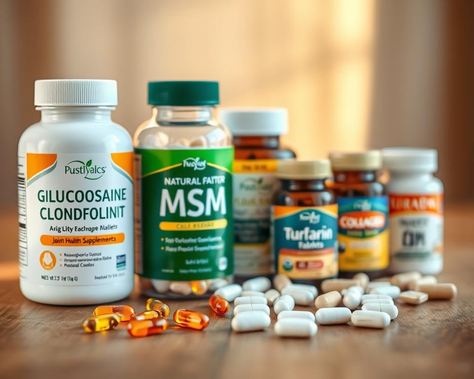 A well-lit, high-resolution close-up image of an assortment of natural joint health supplements, including glucosamine, chondroitin, MSM, collagen, and turmeric capsules or tablets arranged on a wooden table. The supplements are positioned in the foreground with a soft, blurred background to emphasize the products. The lighting is warm and natural, creating a soothing, trustworthy atmosphere. The overall composition highlights the variety and quality of the joint health supplements, conveying their efficacy and naturalness. A well-lit, high-resolution close-up image of an assortment of natural joint health supplements, including glucosamine, chondroitin, MSM, collagen, and turmeric capsules or tablets arranged on a wooden table. The supplements are positioned in the foreground with a soft, blurred background to emphasize the products. The lighting is warm and natural, creating a soothing, trustworthy atmosphere. The overall composition highlights the variety and quality of the joint health supplements, conveying their efficacy and naturalness.