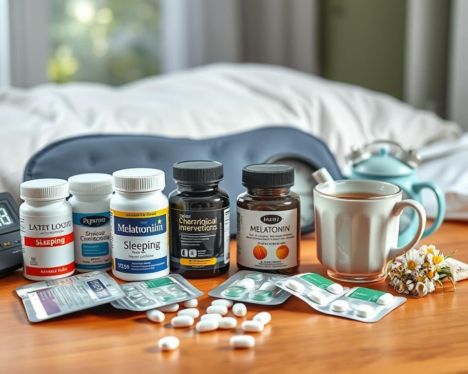 A well-lit, high-resolution image depicting various pharmacological interventions for sleep, such as sleeping pills, melatonin supplements, and herbal remedies, arranged neatly on a wooden table. The foreground features the medications in their packaging, with a soft focus on the labels and branding. The middle ground showcases a digital clock, a sleep mask, and a mug of chamomile tea, suggesting a bedtime routine. The background subtly fades into a serene, nature-inspired setting, with calming colors and soft lighting to evoke a sense of tranquility and relaxation. The overall mood is informative, balanced, and visually appealing, capturing the essence of "Pharmacological Interventions: Pros and Cons" for the article on sleep disorders in seniors.
