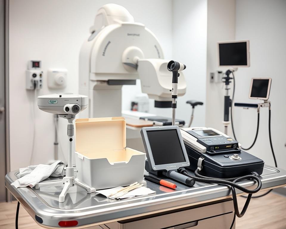 A well-lit, high-resolution photograph of an array of medical screening tools and devices commonly used for cancer detection in seniors, including a mammography machine, a colonoscope, a prostate exam kit, and other diagnostic equipment. The scene is set in a clean, modern medical clinic, with the instruments displayed on a steel examination table or tray, accompanied by a box of latex gloves, sterilized swabs, and other necessary accessories. The overall atmosphere conveys the importance and seriousness of these essential health checks, with a sense of reassurance and professionalism.