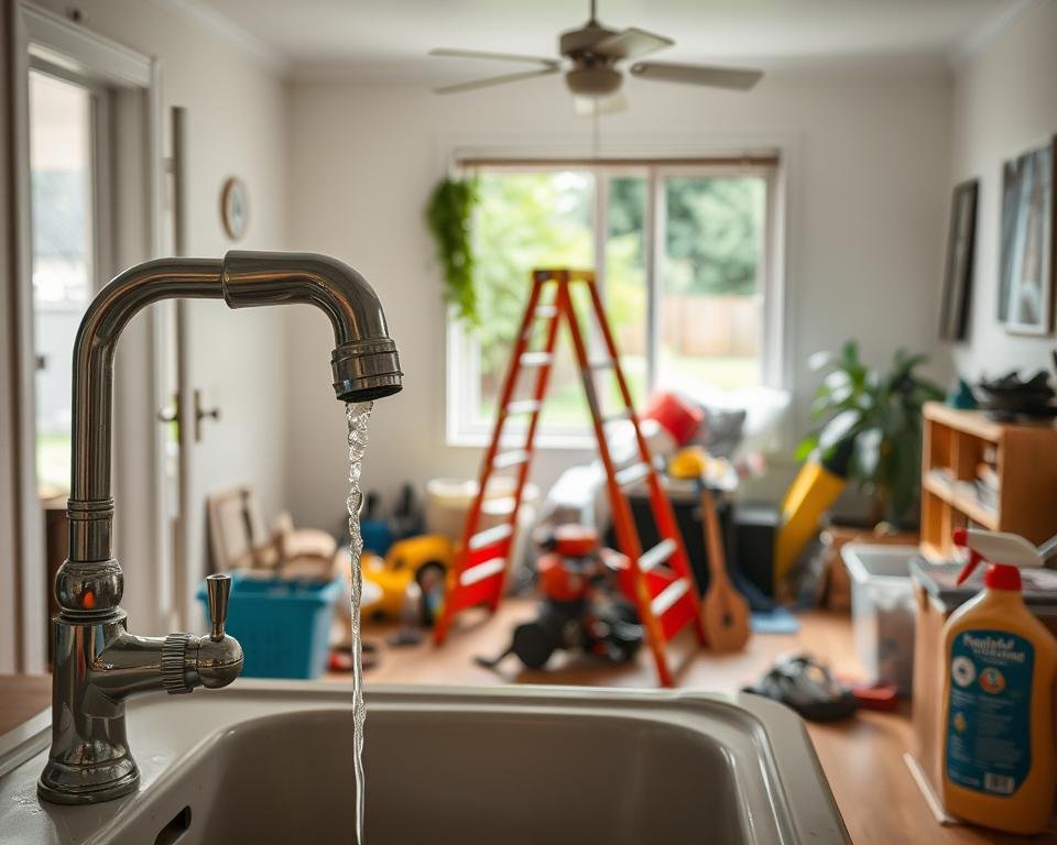 A well-lit interior space showcasing various home maintenance challenges. In the foreground, a leaky faucet drips into a sink, while a stepladder stands nearby, suggesting the need for ceiling repairs. In the middle ground, a pile of tools and cleaning supplies hints at the ongoing upkeep required. In the background, a window frames a view of the exterior, where a cluttered yard and overgrown vegetation suggest the need for landscaping and outdoor maintenance. The overall mood conveys the responsibilities and potential issues that come with independent living, inviting the viewer to consider the practical considerations of maintaining a home.