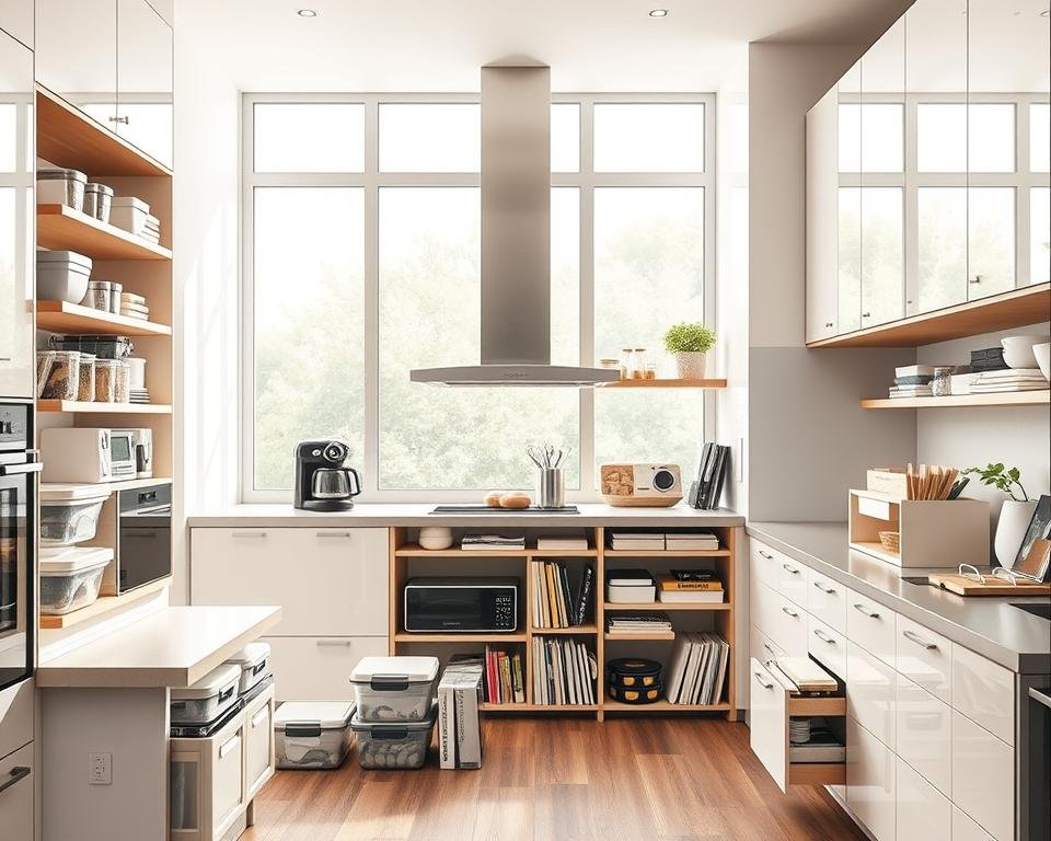 A well-lit, modern kitchen interior with sleek, minimalist cabinetry and countertops. In the foreground, an assortment of compact, space-saving storage solutions such as stackable containers, sliding drawers, and wall-mounted shelves. The middle ground features a mix of small appliances, cookbooks, and other household items neatly organized and tucked away. The background showcases large windows that flood the room with natural light, creating a bright and airy atmosphere. The overall scene conveys a sense of efficiency, organization, and a clutter-free living experience.