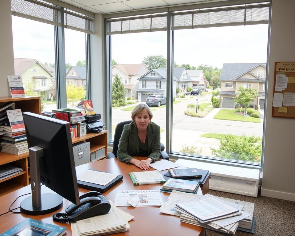 A well-lit, modern office interior with a large picture window overlooking a vibrant suburban neighborhood. In the foreground, a desk with a computer, documents, and a phone. On the desk, various brochures and informational materials about federal home repair programs. Behind the desk, a middle-aged caseworker sitting and reviewing documents. In the background, shelves filled with more program materials and a bulletin board with notes and contact information. The atmosphere is professional yet welcoming, conveying a sense of assistance and support for homeowners in need.