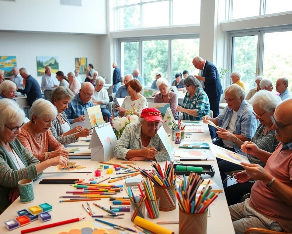A well-lit, spacious room filled with a group of lively seniors engaged in various creative workshops. In the foreground, a table is covered with an array of art supplies - paints, brushes, colored pencils, and sketchpads. Seniors can be seen immersed in their projects, some painting vibrant landscapes, others crafting intricate origami pieces. The middle ground showcases a mix of individual and collaborative work, with seniors assisting each other and sharing ideas. The background features large windows allowing natural light to flood the space, creating a warm and inviting atmosphere. The overall scene exudes a sense of community, learning, and artistic expression, capturing the essence of mental stimulation and creative classes for seniors. A well-lit, spacious room filled with a group of lively seniors engaged in various creative workshops. In the foreground, a table is covered with an array of art supplies - paints, brushes, colored pencils, and sketchpads. Seniors can be seen immersed in their projects, some painting vibrant landscapes, others crafting intricate origami pieces. The middle ground showcases a mix of individual and collaborative work, with seniors assisting each other and sharing ideas. The background features large windows allowing natural light to flood the space, creating a warm and inviting atmosphere. The overall scene exudes a sense of community, learning, and artistic expression, capturing the essence of mental stimulation and creative classes for seniors.