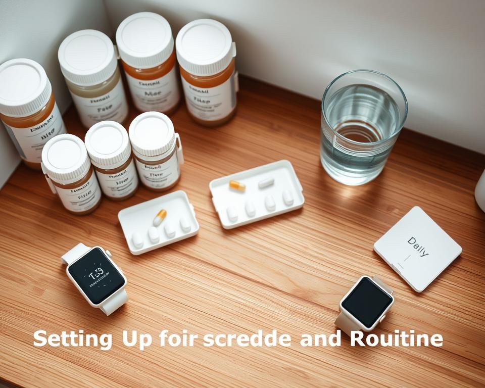 A wooden desktop with a clean, organized arrangement of daily medication containers, pillboxes, and a glass of water. The containers are neatly labeled with the medication names and schedules. A digital clock or smartwatch displays the current time, emphasizing the importance of adhering to the routine. Soft, natural lighting illuminates the scene, creating a calming and purposeful atmosphere. The overall composition conveys a sense of control and well-being, reflecting the section title "Setting Up Your Medication Schedule and Routine". A wooden desktop with a clean, organized arrangement of daily medication containers, pillboxes, and a glass of water. The containers are neatly labeled with the medication names and schedules. A digital clock or smartwatch displays the current time, emphasizing the importance of adhering to the routine. Soft, natural lighting illuminates the scene, creating a calming and purposeful atmosphere. The overall composition conveys a sense of control and well-being, reflecting the section title "Setting Up Your Medication Schedule and Routine".