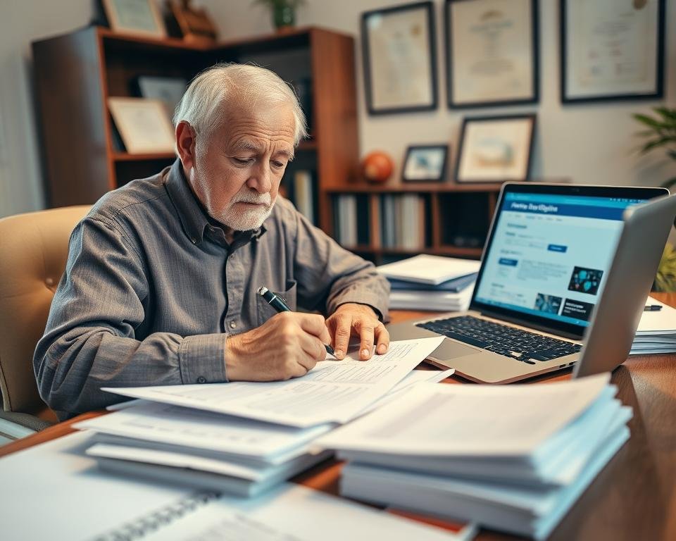 An elderly man sitting at a desk, meticulously filling out forms with a pen, surrounded by stacks of paperwork and a laptop open to an application webpage. Soft, warm lighting illuminates the scene, conveying a sense of diligence and determination. The man's expression is one of focused concentration, reflecting the gravity of the task at hand. In the background, a bookshelf and framed certificates suggest a lifetime of experience. The overall atmosphere evokes the thoughtful, careful approach required when navigating the process of applying for home repair assistance programs. An elderly man sitting at a desk, meticulously filling out forms with a pen, surrounded by stacks of paperwork and a laptop open to an application webpage. Soft, warm lighting illuminates the scene, conveying a sense of diligence and determination. The man's expression is one of focused concentration, reflecting the gravity of the task at hand. In the background, a bookshelf and framed certificates suggest a lifetime of experience. The overall atmosphere evokes the thoughtful, careful approach required when navigating the process of applying for home repair assistance programs.
